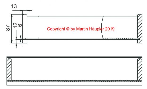 Querschnittszeichnung der Holzschublade bei Seitenhöhe 8,7cm