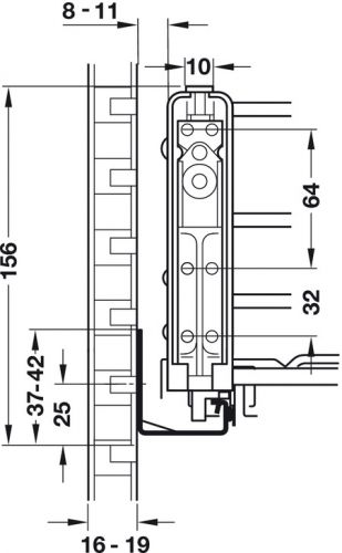 Einbauhöhe des Drahtauszuges mit Gitterboden: min. 16cm